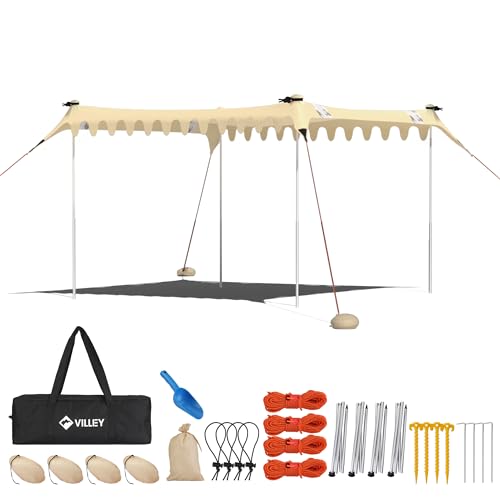 VILLEY sun tent 3m x 3.3m khaki, UPF50+ UV protection lycra beach tent for 6 people, beach parasol with sandbag and 4 support poles for picnics, fishing, sun protection