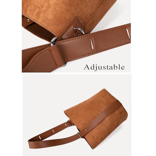 Faux Suede Shoulder Tote Bag Bucket Purse Handbags for Women, Black Brown Suede Totes Crossbody Bags for Work 5
