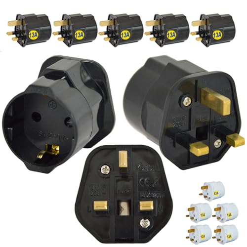 Adaptador universal de enchufe de viaje de Reino Unido con varillas de latón, enchufe Schuko alemán a inglés 10 A 250 V (negro, paquete de 5)