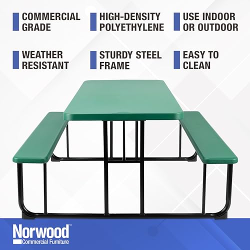 Norwood Commercial Furniture Rectangular Picnic Table with Benches, Blow-Molded Plastic Portable Outdoor Picnic Table, Green