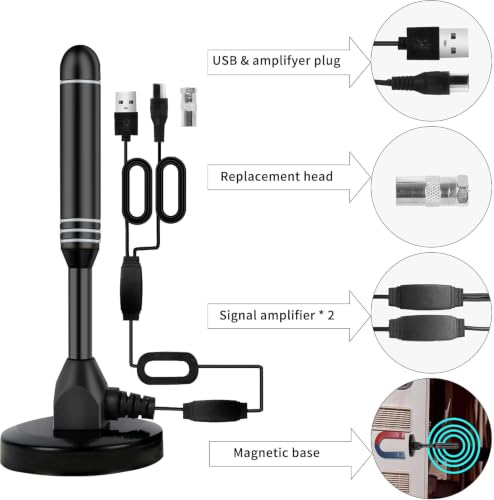 Image of Indoor TV Antenna with 2 Signal Boosters & 32FT Cable - Digital Antenna for Smart TV, Magnetic Base, Supports 4K 1080p - Dual Amplifiers for Long Range Reception of Local Channels(Clear)