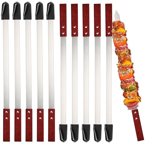 10 Stücke Flache Grillspießen Edelstahl mit Holzgriffen60cm Schaschlikspieße Wiederverwendbar Adana Kebab Spieße Grillzubehör für Grillbesteck