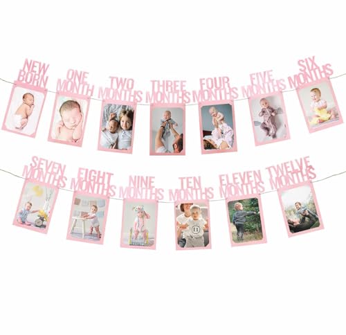 Image of Velunza Baby Monthly Photo Banner Pink First Year Milestone Photo Banner Newborn to Twelve Months Baby Photo Display for Baby Shower First Birthday Decoration - 13 Cards