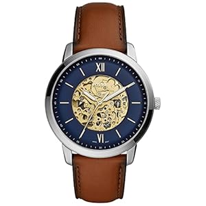 Fossil Relógio masculino neutro automático, tamanho da caixa de 44 mm, movimento automático, pulseira de couro, prata, pulseira, Prata, Alça