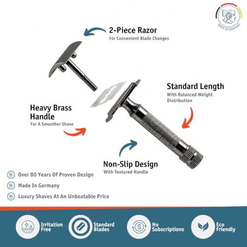 Image of MERKUR 34 2-Piece Double-Edge Safety Razor for Men in Metallic Grey Finish with Standard Handle and Closed Comb - Made in Germany, Plastic-Free