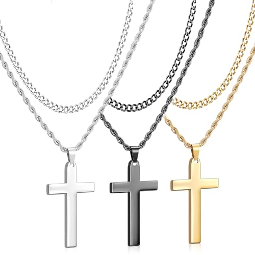 Kigeli Cross Necklace for Men Stainless Steel Layered Chain Cross Pendant Religious Christian Gifts for Birthday Christmas