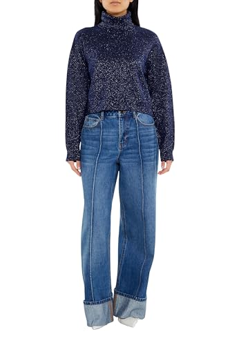 Forever 21 Damen Glitter Knit Turtleneck Sweater Pullover, Blau, Groß