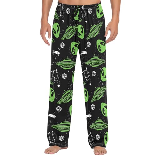 Pigsaly Men's Pajama Bottoms Green Alien Mens Pajama Pants Space Ufo Cotton Pj Bottoms Sleepwear Lounge Pants M2