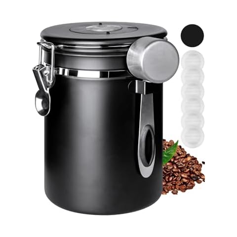 INFTYLE Coffee Canister with Airtight Lid, 22oz, 60 fl oz White, Stainless Steel Air Tight Lid Container with Date Tracker and Scoop Food Storage Jar for Grounds Coffee, Beans, Flour, Cereal (Black) Cover