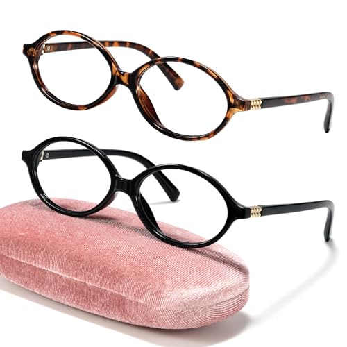 Image of Slocyclub 2 pack Oval Blue Light Blocking Glasses with Eyeglass Case | Vintage oval frame for women, Filters harmful blue light, reduces eye strain, Vintage oval frame, Lightweight for daily wear
