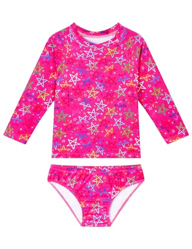 Image of Snowheart Bathing Suits for Girls Size 9-10 Years Old Rose Red Stars Long Sleeve Quick Dry Swimsuits