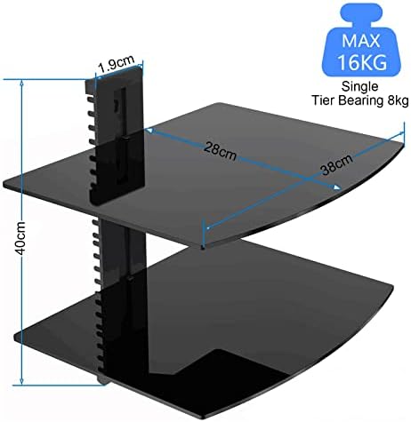Glass Floating Shelves, TV Wall Mount with Shelf for DVD Player / PS4 / Cable Boxes / Game Consoles / Sky Box / TV Accessories, Media Shelf, Flat Black Wall Mount Bracket, AV Shelf, 2 Tiers Shelves