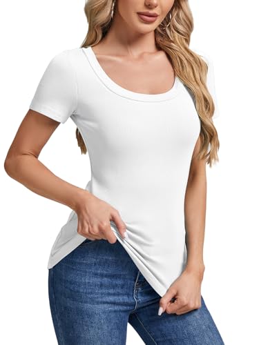 C.O.Z.Y Womens Short Sleeve Scoop Neck Tops Ribbed Knit Basic Tee Casual Summer Fitted Shirts 2025 Trendy Outfits3