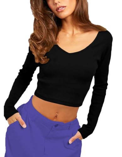 Image of THE BLAZZE Women's Cotton Readymade Stretchable Deep V Neck Long Sleeve Crop Top for Women L462