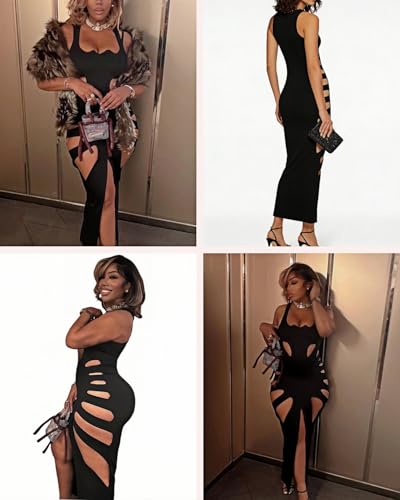 Image of Women's Sexy Sleeveless Hollow Out Maxi Dress Tassel See Through Backless Bodycon Party Club Long Dress
