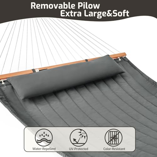 Image of CHULIM Double Quilted Fabric Hammock with Hardwood Spreader Bars and Pillow 450 LBS Capacity 2 Person Large Hammock for Outdoor Patio Backyard Poolside - Dark Grey