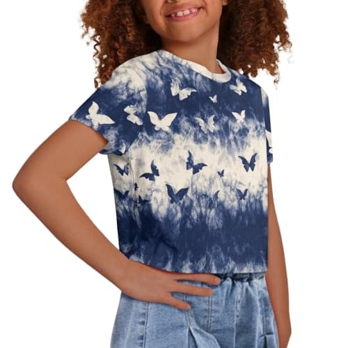Image of Butterfly Print Girls Cropped Tshirt Size 11-12 Elegant Short Sleeve Top for Summer Oversize Shirts for Party Travel Crew Neck Blouses for Girls Tees 2024 Gift for Daughter, Medium