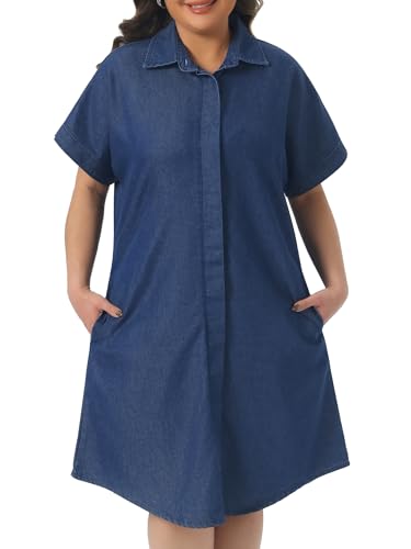 Image of Agnes Orinda Plus Size Denim Dress for Women Short Sleeve Button Down with Pockets Midi Jean Denim Shirt Dresses