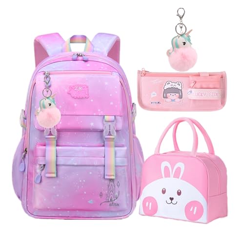 IHZZ Girls Backpack, Kid Starry Rainbow School Bag, Kawaii Backpack with Lunchbag & Pencilbox, Mochilas Escolares Para Niñas