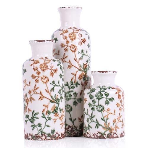 Farmhouse Ceramic Vase Set of 3 – Rustic Floral Pattern Decorative Vases for Home Decor, Vintage Country Style Table Centerpieces for Living Room, Shelf, Mantel & Entryway Decoration