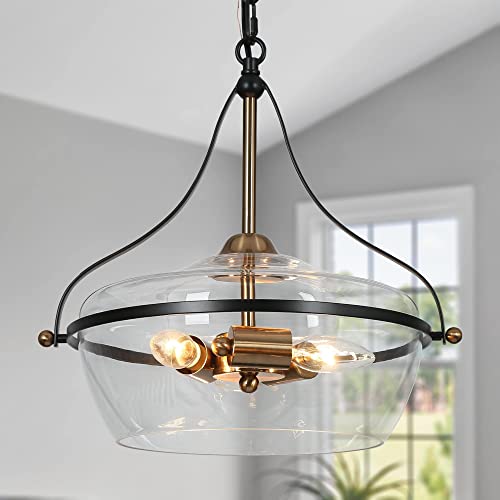 Zevni Modern Black Gold Chandeliers, 3-Light Mid-Century Modern Chandelier Large Bell Glass Pendant Lighting For Dining Room, 14" Dia #TOP7