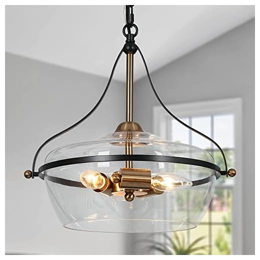 ZEVNI Modern Black Gold Chandeliers, 3-Light Mid-Century Modern Chandelier Large Bell Glass Pendant Lighting for Dining Room, 14" Dia