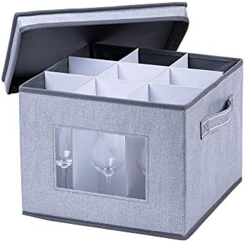 VENO Wine Glasses Storage Box w/ Lid, Handles, Stemware Transport and Protection, China Storage Containers, Glassware Moving Boxes, Packing Supplies, Cardboard Dividers for 9 Glasses
