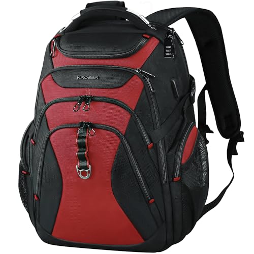 KROSER Laptop Rucksack Herren 17,3 Zoll Reise XL BusinessRucksack Schwerlast Wasserdicht mit Hartgeschältem Sicherheitsraum Ladeanschluss RFID Tasche für Männer/Frauen-Schwarz Rot