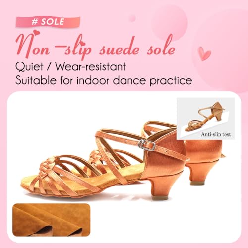 YKXLM Girls Latin Dance Shoes Kids Low Heels Tango Salsa Ballroom Practice Dance Shoes, 1208,Brown, 6.5 M Little Kid4
