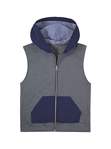 Fruit of the Loom Boys' Fleece Full Zip Sleeveless Vest, Charcoal Heather/Ghost Times Square Navy Stripe, Medium