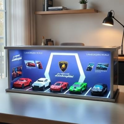 Image of Art Monk Premium Luxury Car Diorama Display Case with LED Lighting | Lamborghini World Garage Theme | Wooden Diecast Car Display for