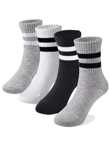 COTTON DAY Unisex School Kids Boys Girls Soft Cotton White Athletic Socks with Black Gray Stripes 6-8 Years M (8)