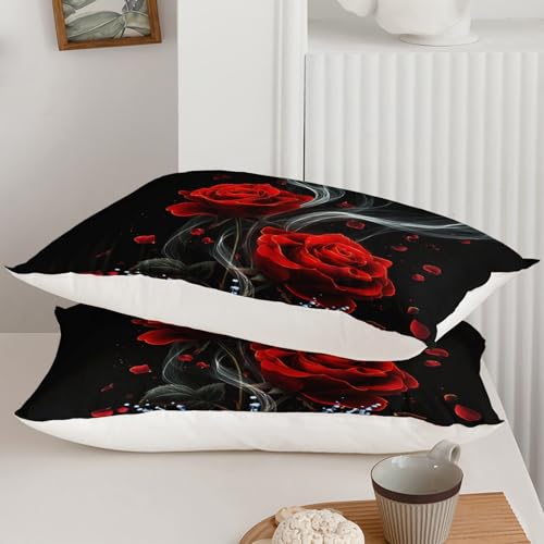 Image of QOOMO 3Pcs Red Rose Comforter Set Full Size,Blue Crown Bedding Set for Teens Boys Girls,Black Comforter with 2 Pillowcases,Soft and Lightweight