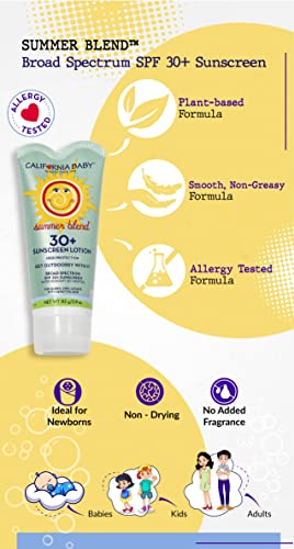 California Baby Summer Blend Broad Spectrum SPF 30+ Sunscreen Lotion - for Babies, Kids & Adults, Free of Added Fragrances, Common Allergens, and Irritants, Fragrance Free, Water Resistant, 2.9oz