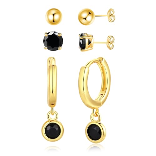 Yumay 3 Pairs Small Gold Stud Hoop Earrings Set For Women Girls Huggie Earring Sets For Multiple Piercings Jewellery.