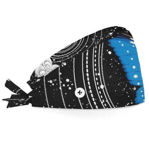 Mularoka Colorful Butterfly Clouds Stars Working Caps with Button Sweatband Comfortable Adjustable Bouffant Hats Work Hat for Women Men