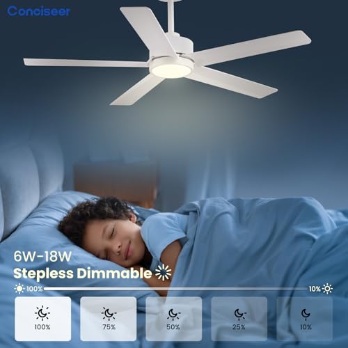 Image of Conciseer Modern Ceiling Fans with Lights,52 Inch Ceiling Fans with Remote for Bedroom Living Room Kitchen, 18W 6CCT Dimmable,5 Blades 6 Speed Reversible Quiet DC Motor White