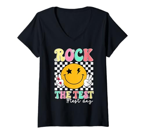 Women's Rock The Test Testing Day Smile Face Teacher Motivational V-Neck T-Shirt