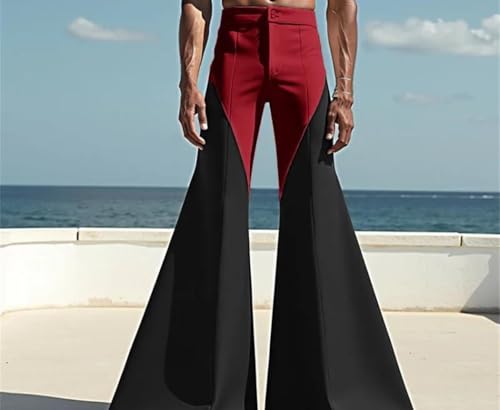 Mens Patchwork Flare Pants High Waist Loose Fit Streetwear Office Straight Casual Trousers3