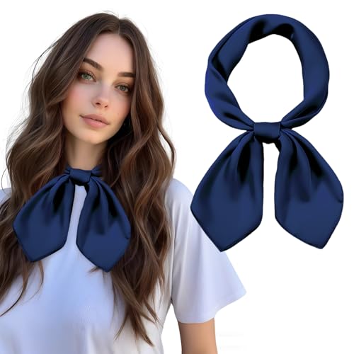 VLYX Carré en soie 70x70 cm pour femmes, style vintage des années 50, foulard, bandeau cheveux, bandana, écharpe de cou (Bleu marine)