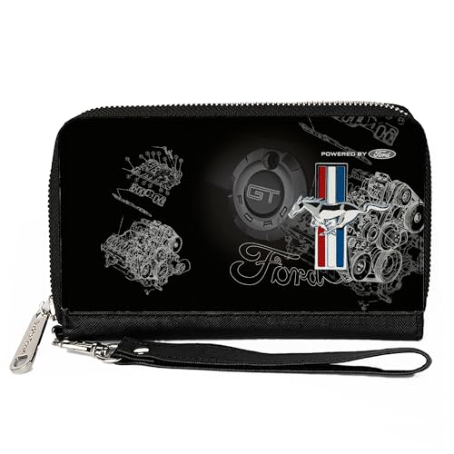 Buckle-Down Ford Wallet, Zip Around, Mustang Tri Bar Stripe GT Motor Blueprint, Vegan Leather