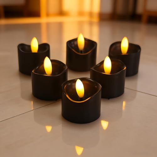 Image of CANDLE CHOICE Battery Operated Flameless Tea Lights Realistic Black Wick Bright Flickering LED Tealight Votive Candles Wedding Party Table Halloween Christmas Decorations Batteries Incl. 6 Pack Black