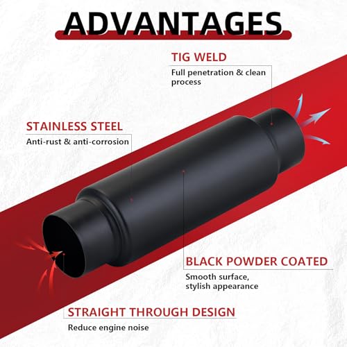 Image of LCGP 3 inch Inlet Universal Resonator Muffler, 3 inch Outlet 13.77 inch Overall Length Stainless Steel High Performance Muffler, Polished, Pass-Thru Design Black 2pack