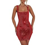 Genérico Vestido Corto Ajustado con Tirantes Finos y pedrería para Fiesta de Bienvenida Sexy y Brillante
