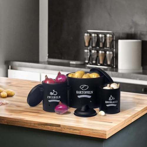 Theo&Cleo Set di Contenitori per Patate, Vaso per Patate in Stile Retrò Vaso da Cipolle, Grande Contenitore per Alimenti in Metallo Smaltato, per la Conservazione in Cucina, Nero - immagine 5