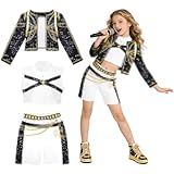 RCYHCY Korea Pop Singer Kostüm, 3 Stück Koreanpop Kostüm Mädchen, Popstar Kinderkostüme mit Weste, Jacke und Shorts, Anime Cosplay Costume, für Karneval Halloween, Fasching, Mottoparty, Cosplay(120)