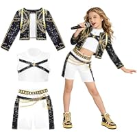 RCYHCY Korea Pop Singer Kostüm, 3 Stück Koreanpop Kostüm Mädchen, Popstar Kinderkostüme mit Weste, Jacke und Shorts, Anime Cosplay Costume, für Karneval Halloween, Fasching, Mottoparty, Cosplay(120)
