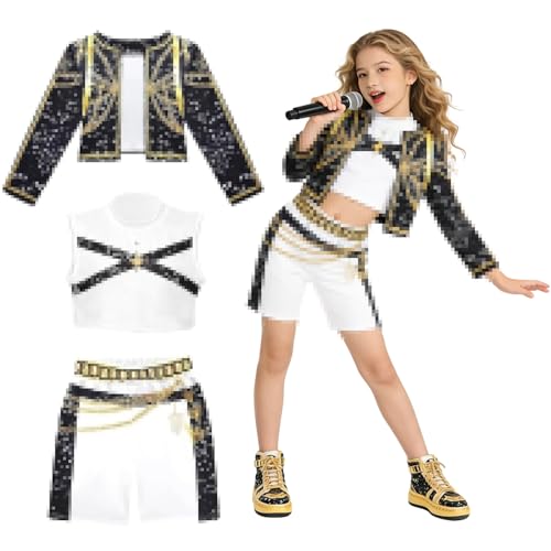 RCYHCY Korea Pop Singer Kostüm, 3 Stück Koreanpop Kostüm Mädchen, Popstar Kinderkostüme mit Weste, Jacke und Shorts, Anime Cosplay Costume, für Karneval Halloween, Fasching, Mottoparty, Cosplay(120)