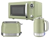 Swan Retro Revive Green Kitchen Appliance Bundle – 1.7L Rapid Boil Kettle, 2 Slice Toaster & 800W 20L Digital Microwave, Retro Gloss Finish with Chrome Accents