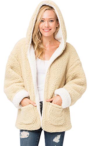 Daisy Del Sol Women's Soft Sherpa Fleece Faux Fur Plush Puffer Hoodie Reversible Warm Winter Coat Jacket (Beige/White, Medium)